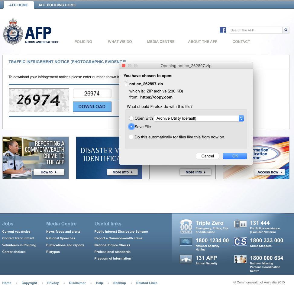 Australian Federal Police Cryptolocker downloadable malware