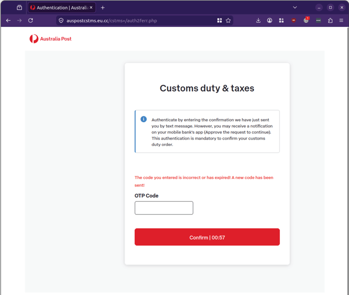 AusPost - 0726 - OTP incorrect