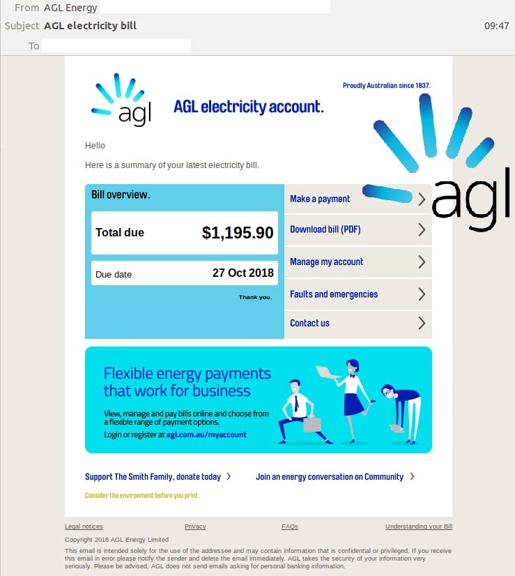 Brandjacked AGL Electricity bill is a fake