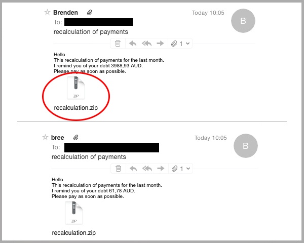Recalculation ZIP Malware Attachment Scam Email