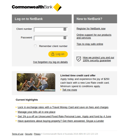 COmmBank phishing page