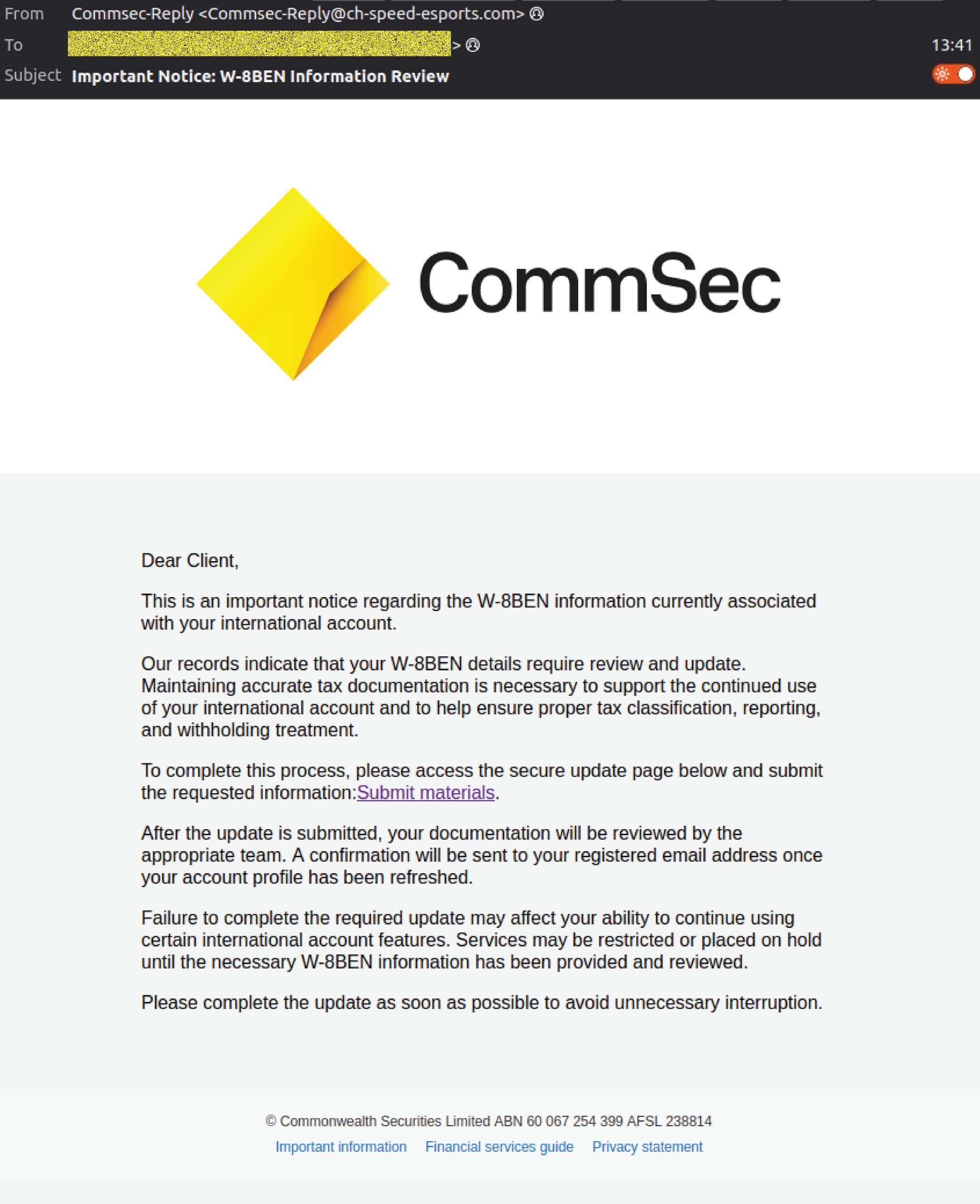 CommSec Phishing Email Targets Client IDs and Passwords