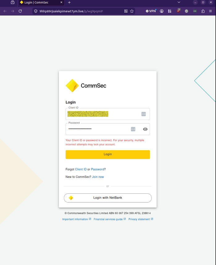 Commsec - 0626 - login incorrect