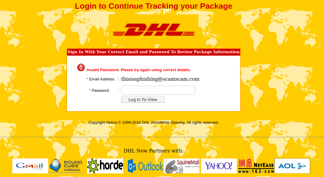 Phishing email spoofing DHL asks users to confirm tracking number via a