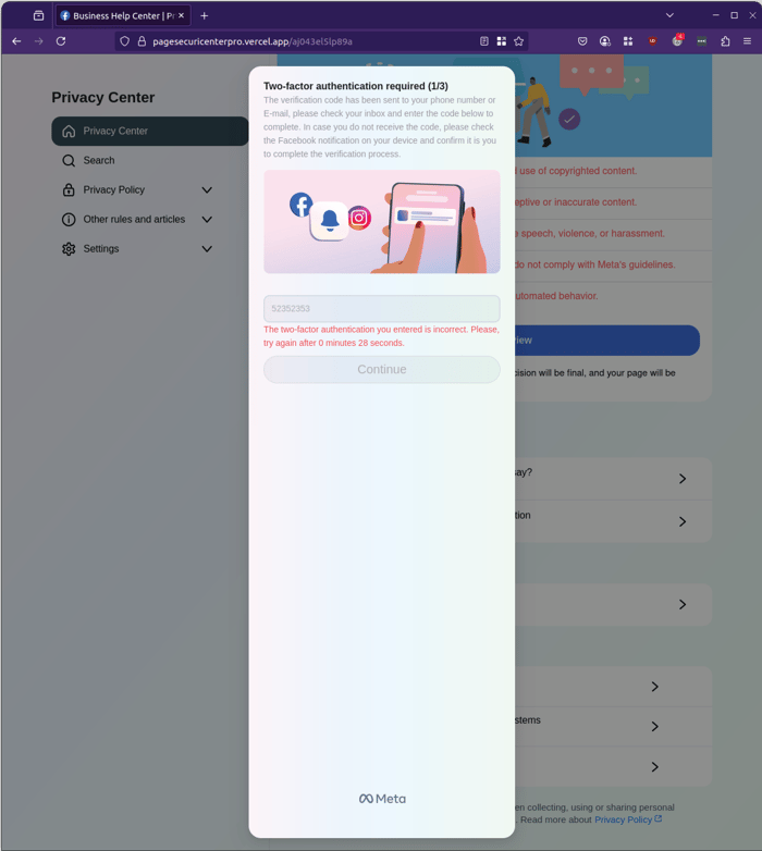 Facebook - 0625 - Phishing Page - MFA Fail