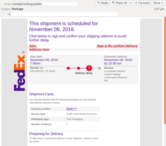 Fedex Incomplete Delivery Notification Phishing attack delivered via fraudulent FedEx notification