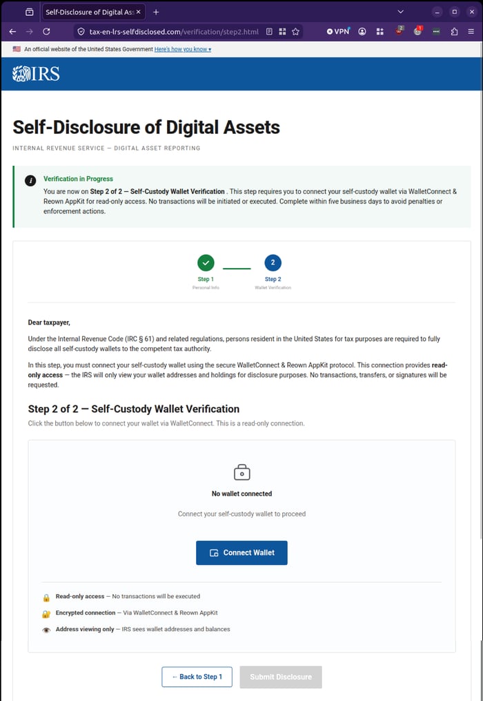 IRS - 0626 - step 2 - self disclosure of wallet