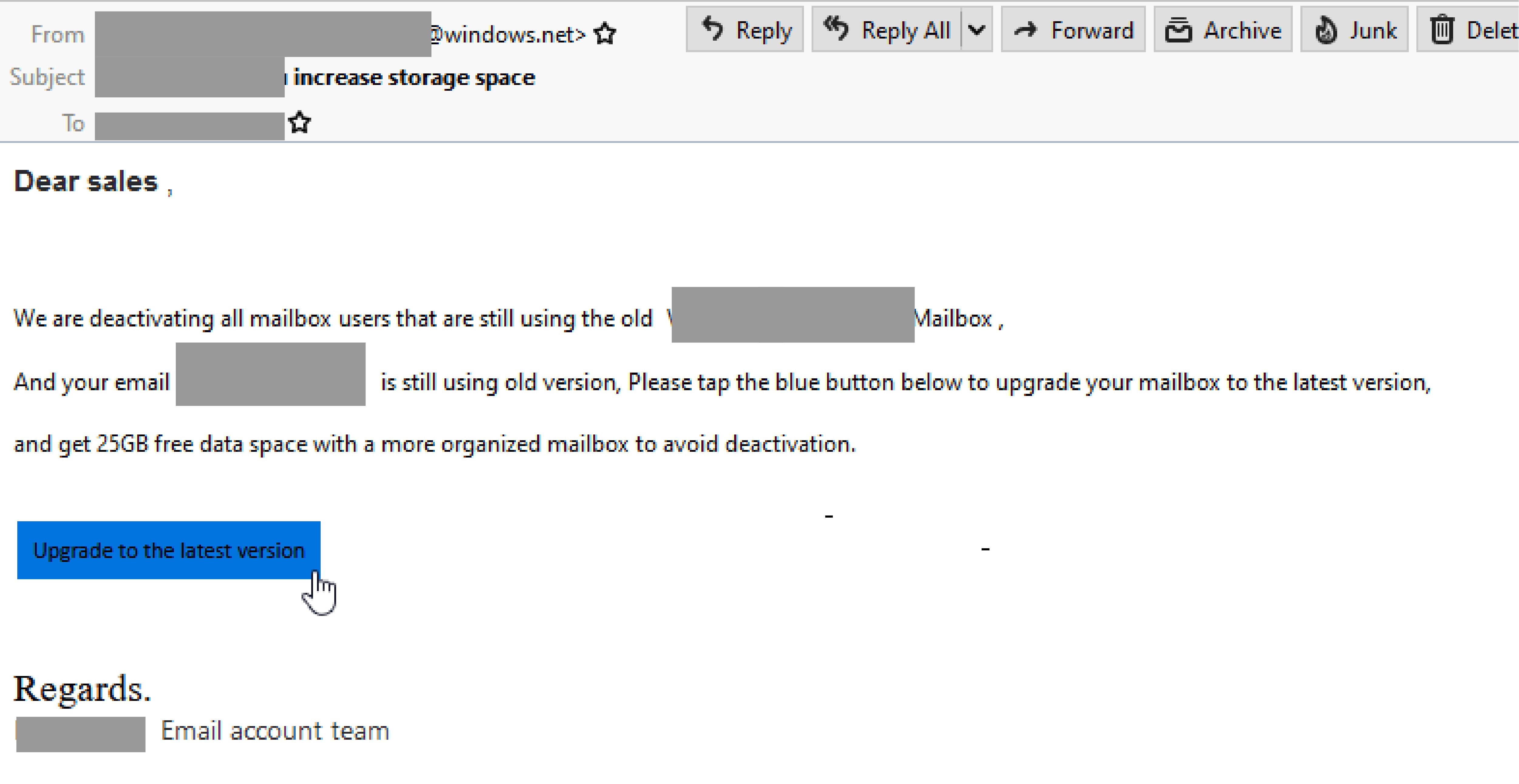 Phishing email asks users to upgrade mailbox; uses LinkedIn redirect to