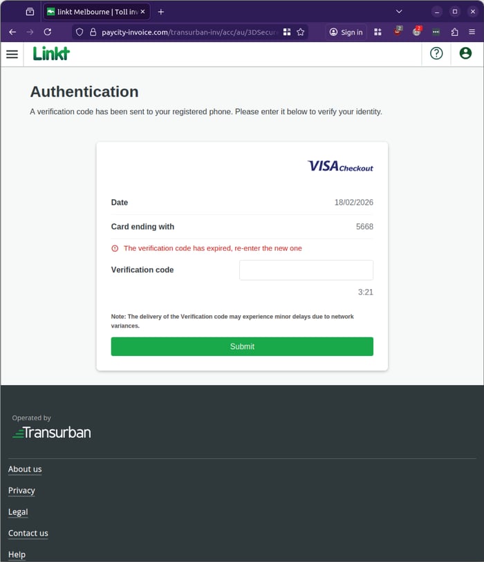 Linkt - 0226 - phish 4 - payment authentication code expired error