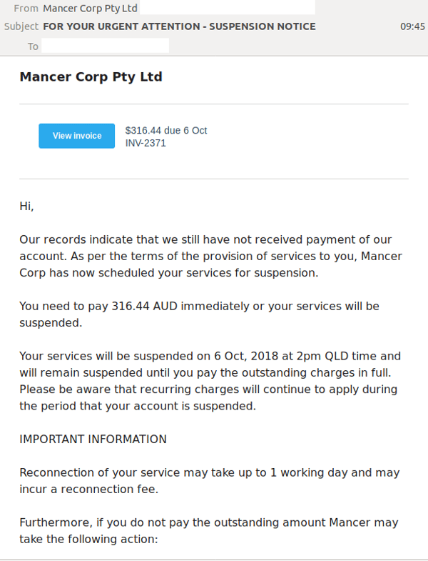 Mancer Corp payment scam