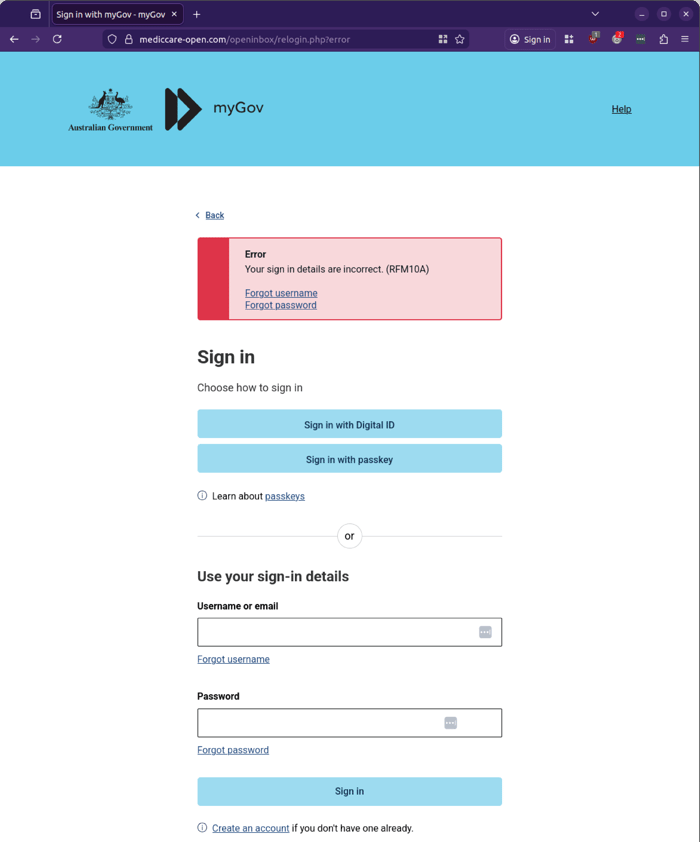 Medicare myGov - 0426 - sign in error