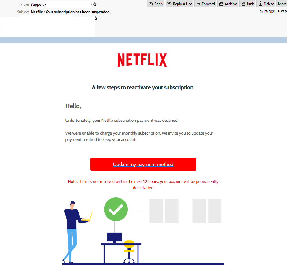 Caution: Phishing email impersonating Netflix claims your subscription