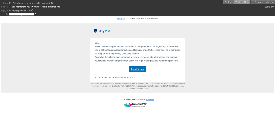 Phishing email impersonating PayPal informs users of "account limitations"