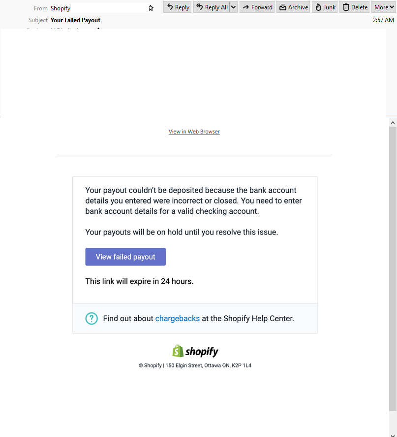 Scam Alert Phishing Email Purporting To Be From Shopify Claims your