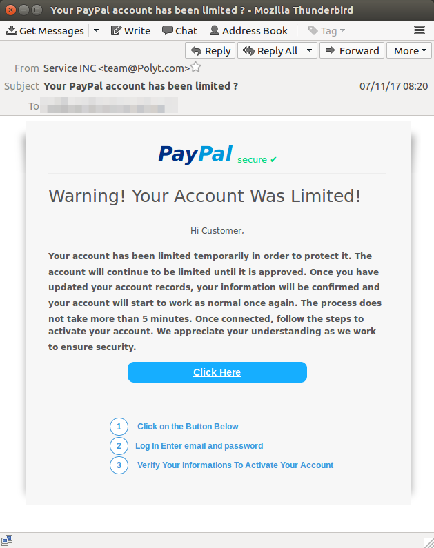 this bogus PayPal message is trying to make victims believe that their acco...