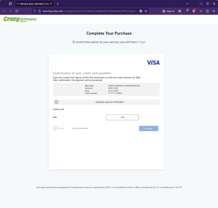 crazy domains - 0126 - complete purchase - credit card PIN