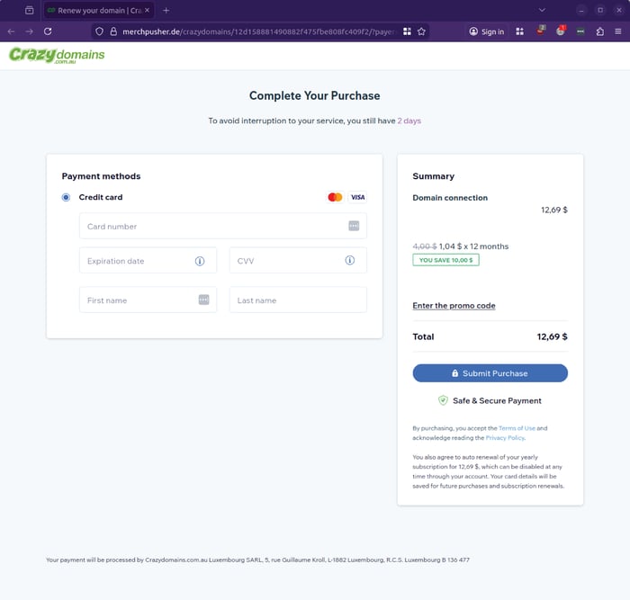 crazy domains - 0126 - complete purchase - credit card