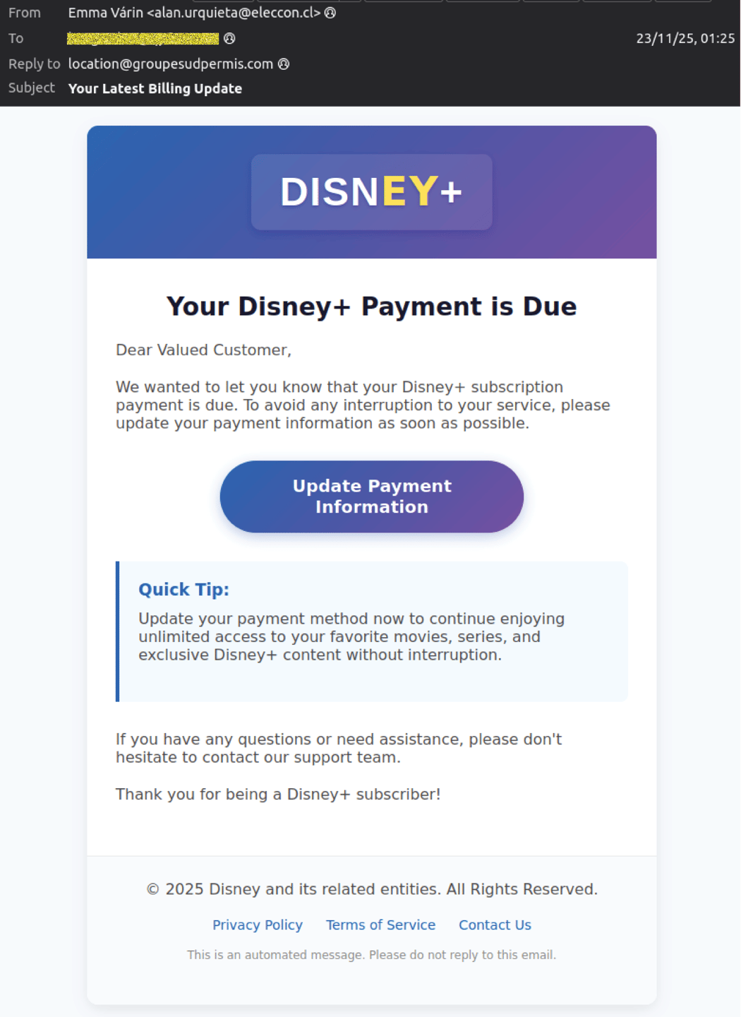 ‘Your Latest Billing Update’, Scam Spoofs Disney+