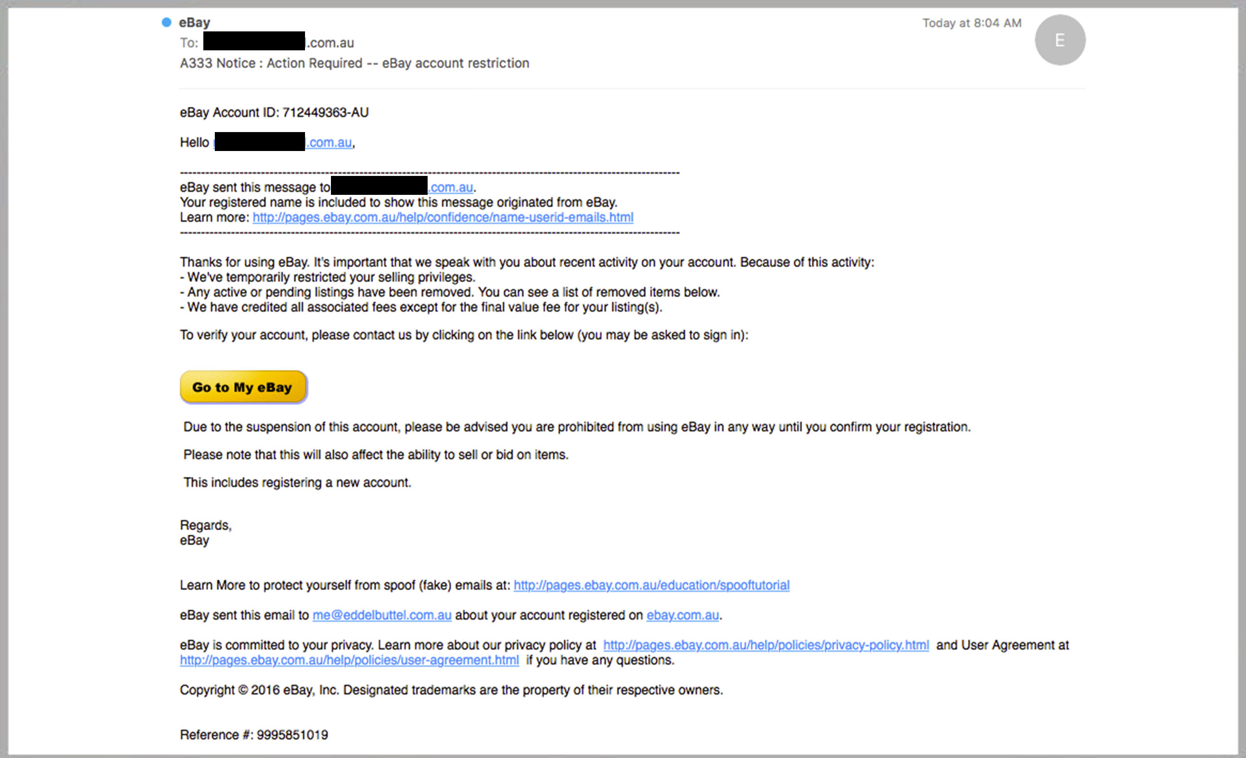 Fishing Email Example Ebay Cyber Criminals Phishing for eBay Account Access