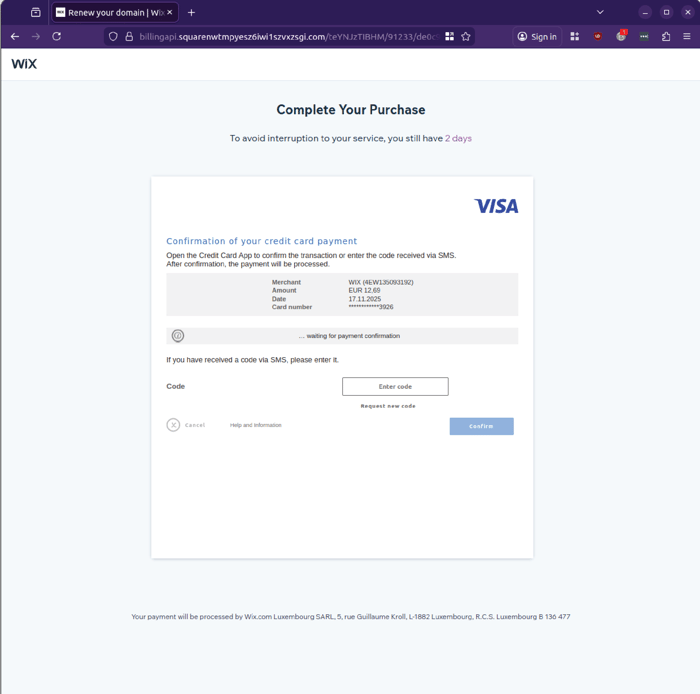 wix - 1125 - confirm payment verification code