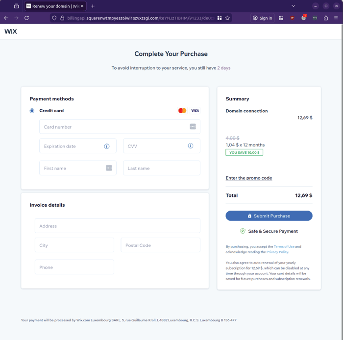 wix - 1125 - payment details