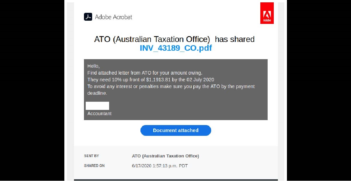 Australian Taxation Office Spoofed In Phishing Scam Email Claims To Share New Invoice From Ato
