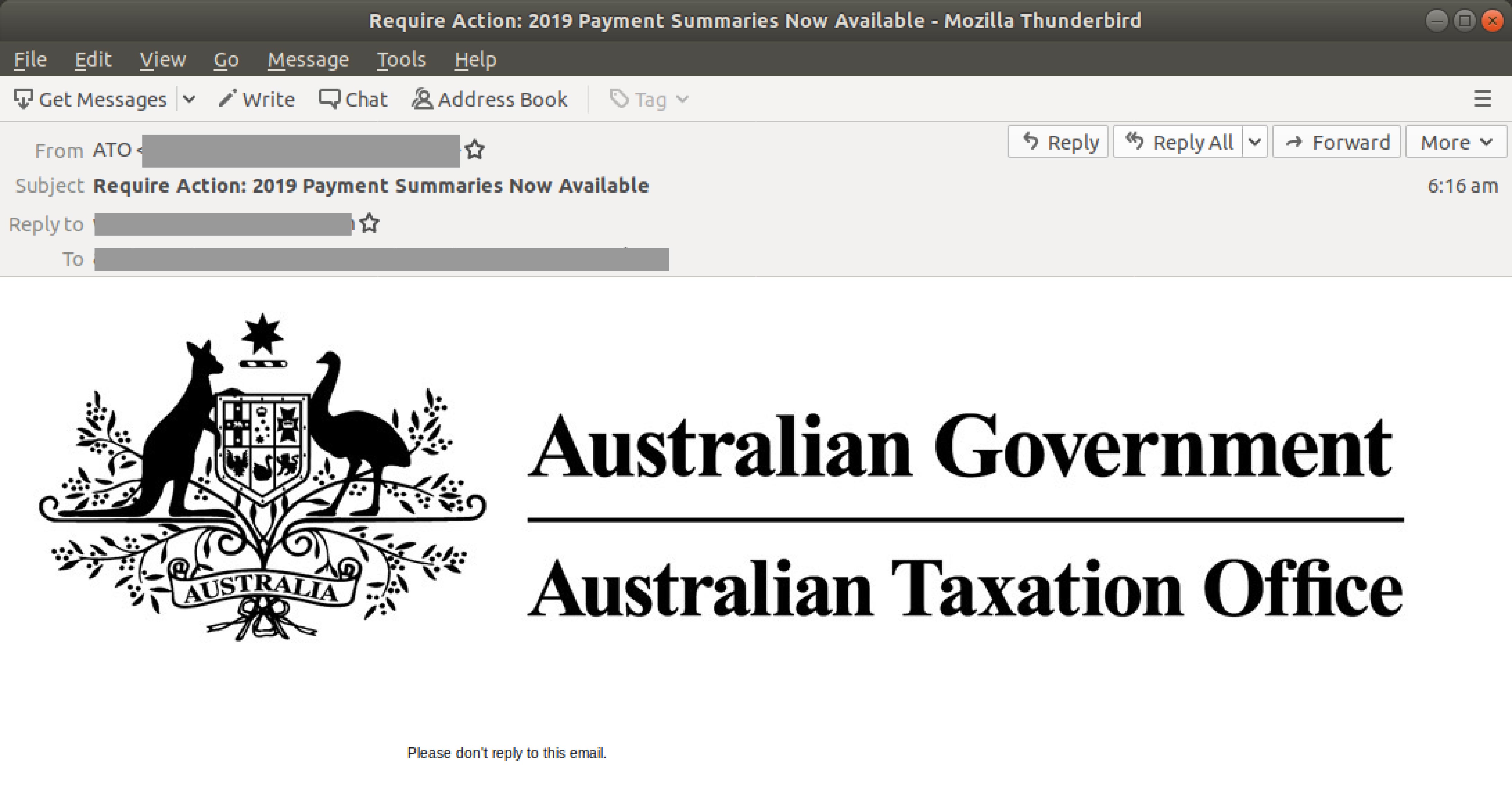 Payment email supposedly from ATO is a phishing attack
