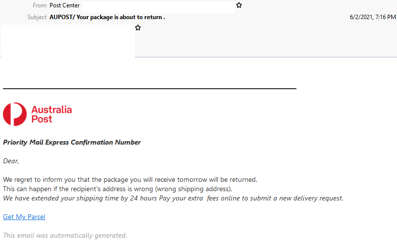 Warning: Phishing to be from Australia Post claims your parcel be returned