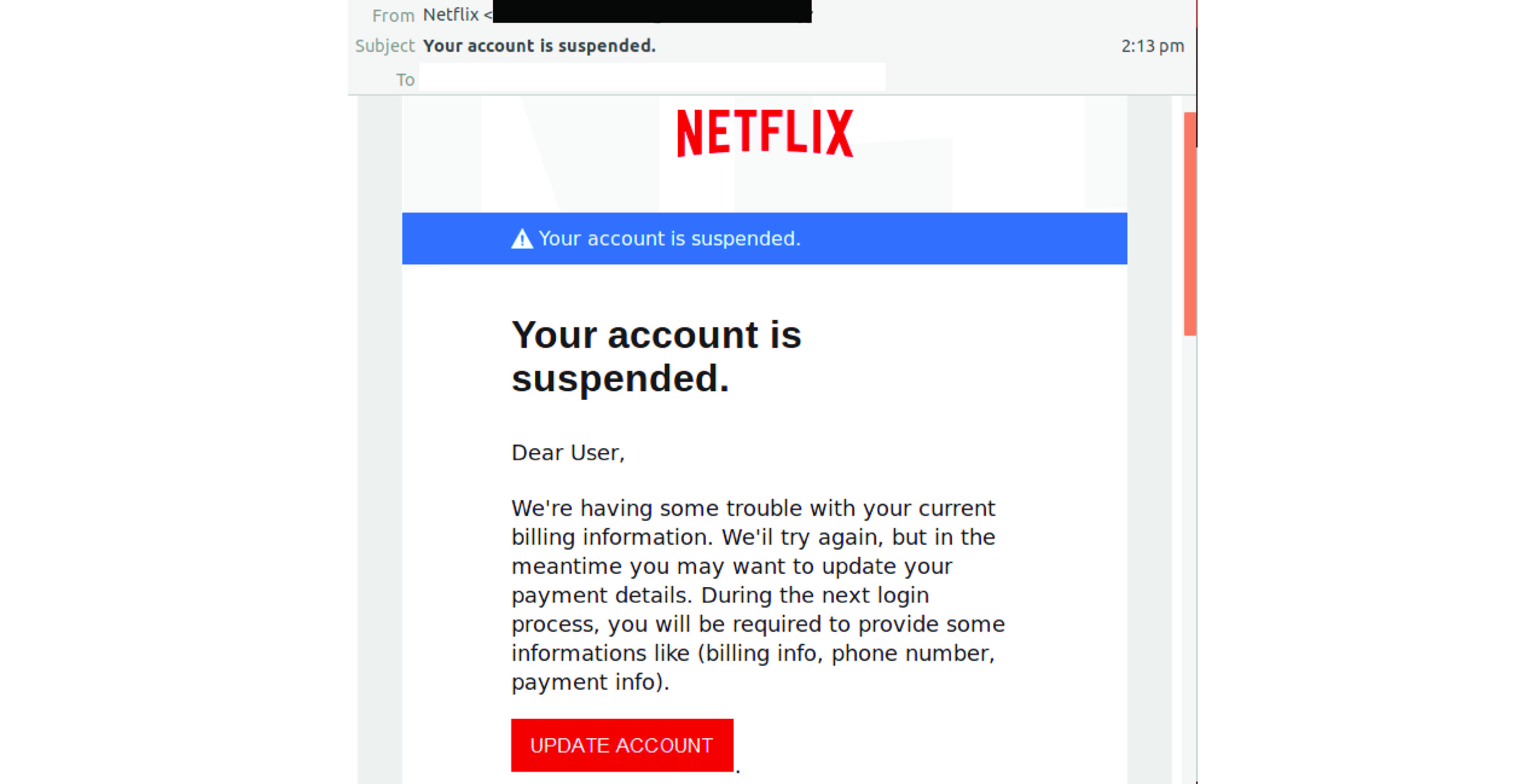 Account Suspended Email Spoofs Netflix Delivers Phishing Attack