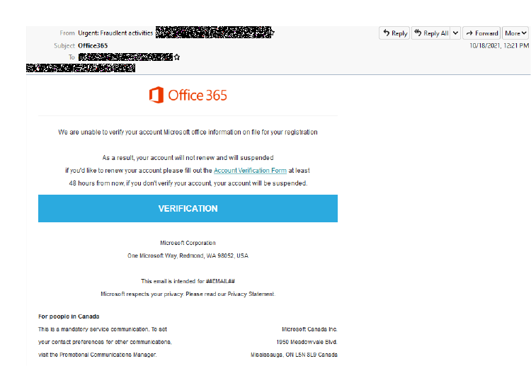 Convincing Office 365 Phishing Email Warns Users of 'Fraudulent Activities'