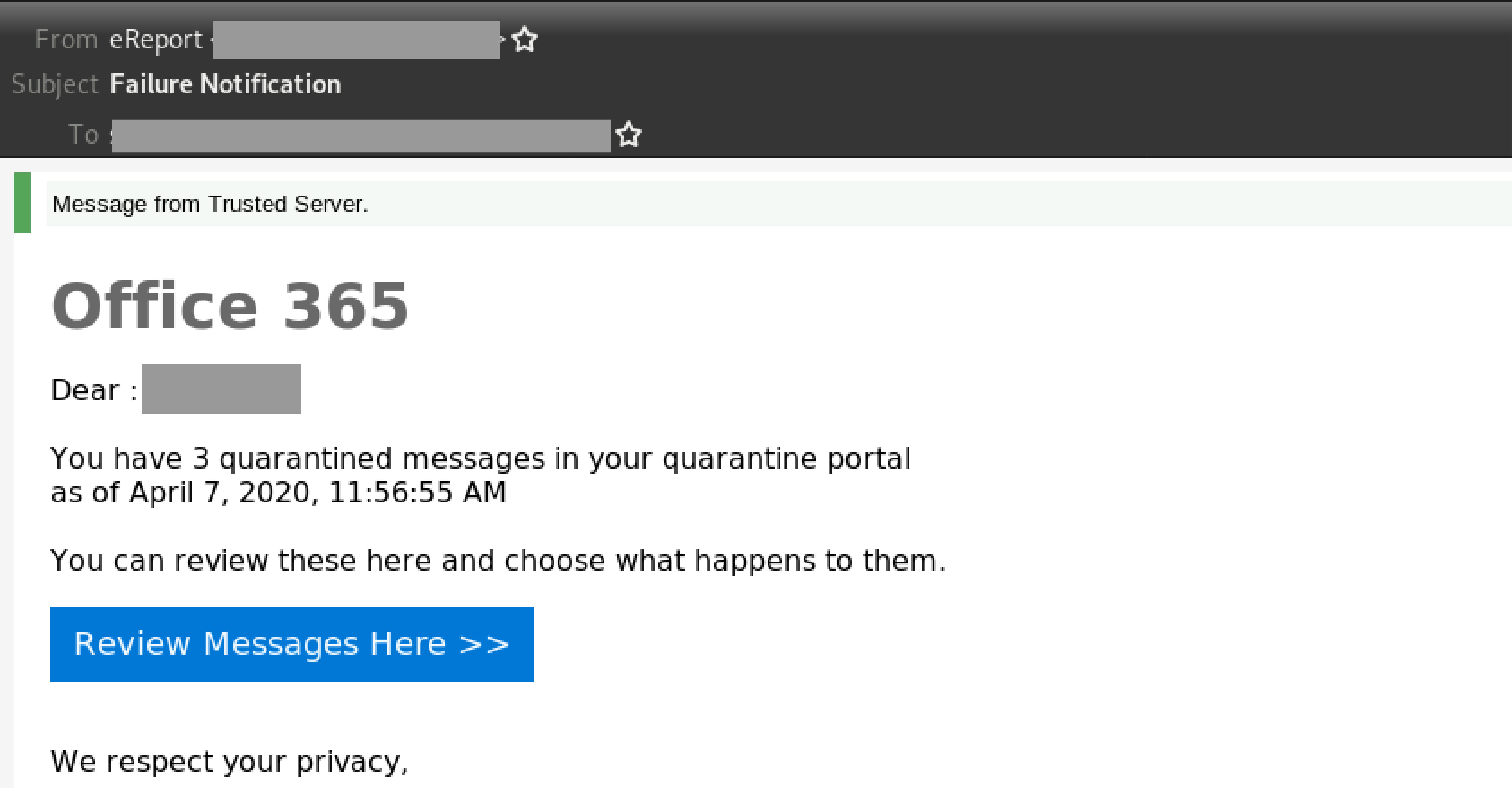 Phishing email spoofing Office 365 asks users to review “quarantined  messages”