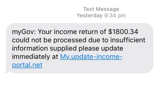 A myGov text scam that circulated telling users to claim their income return. Picture: Supplied